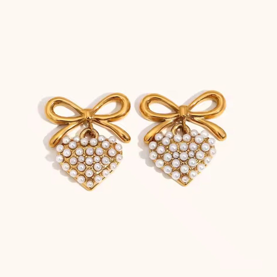 Heart & Bow Pearl Earrings
