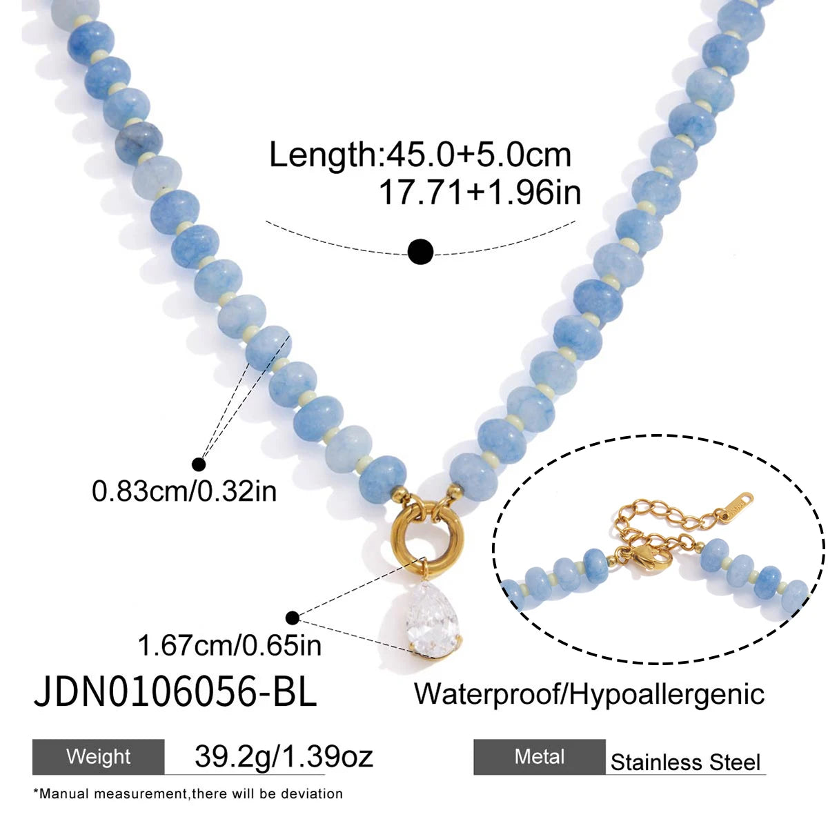beaded drop necklace in blue with teardrop zircon pendant – shvetah