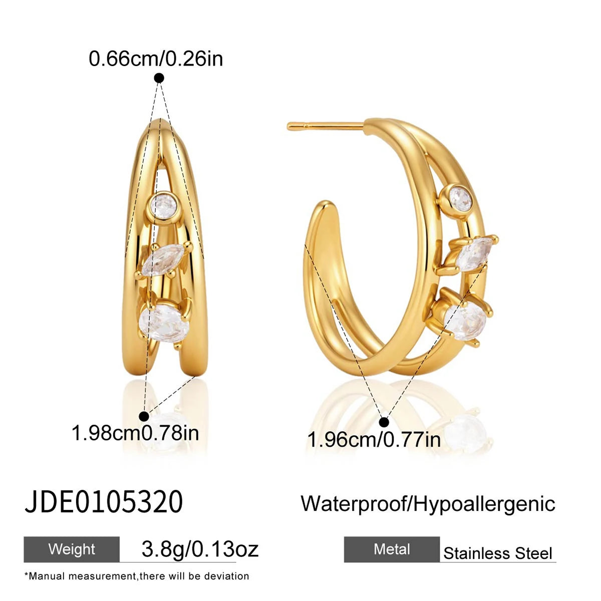 crescent studs in 18k gold – double layer c shape with white zircons – shvetah