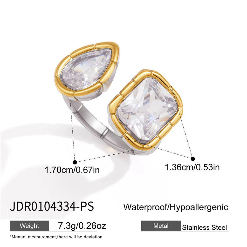 two-stone open ring with teardrop and square zircon in two tone – shvetah