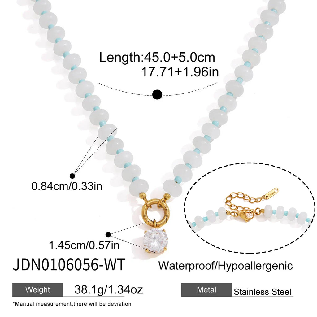 beaded drop necklace in white with teardrop zircon pendant – shvetah