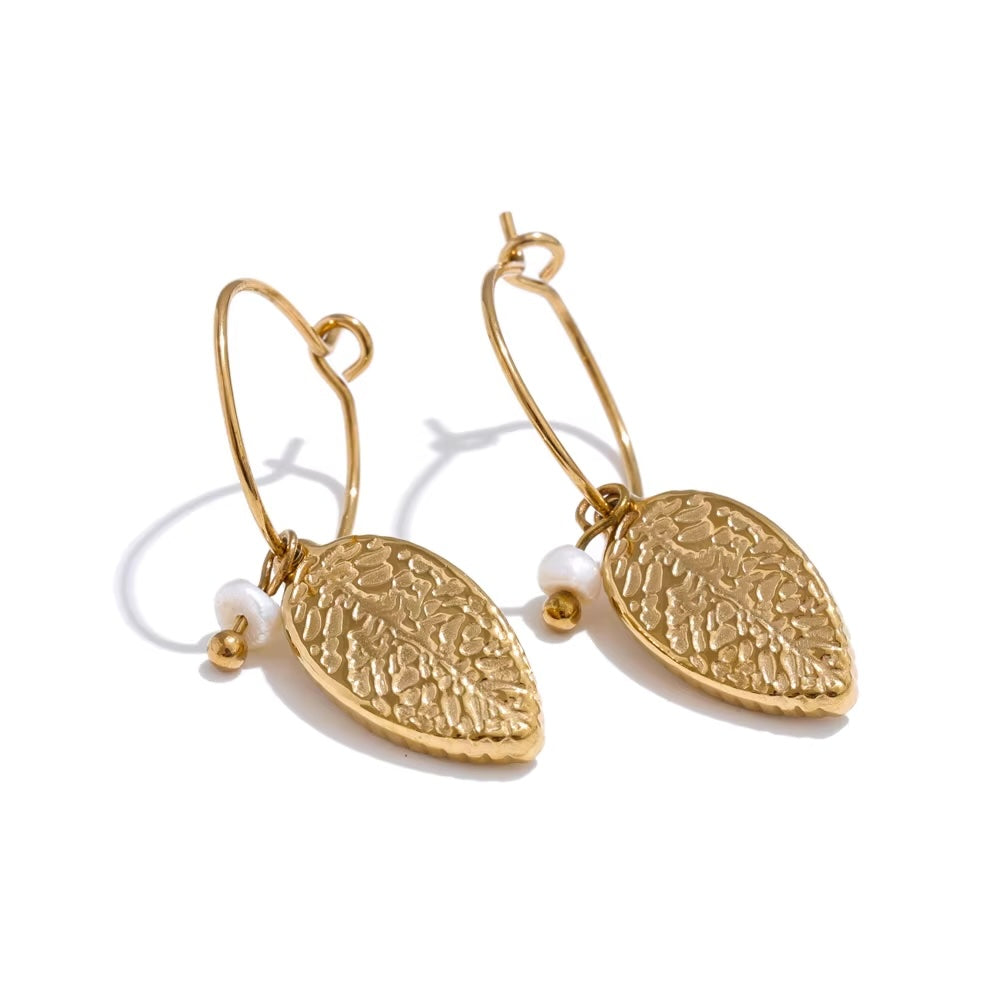 Textured Leaf Hoops with Pearls