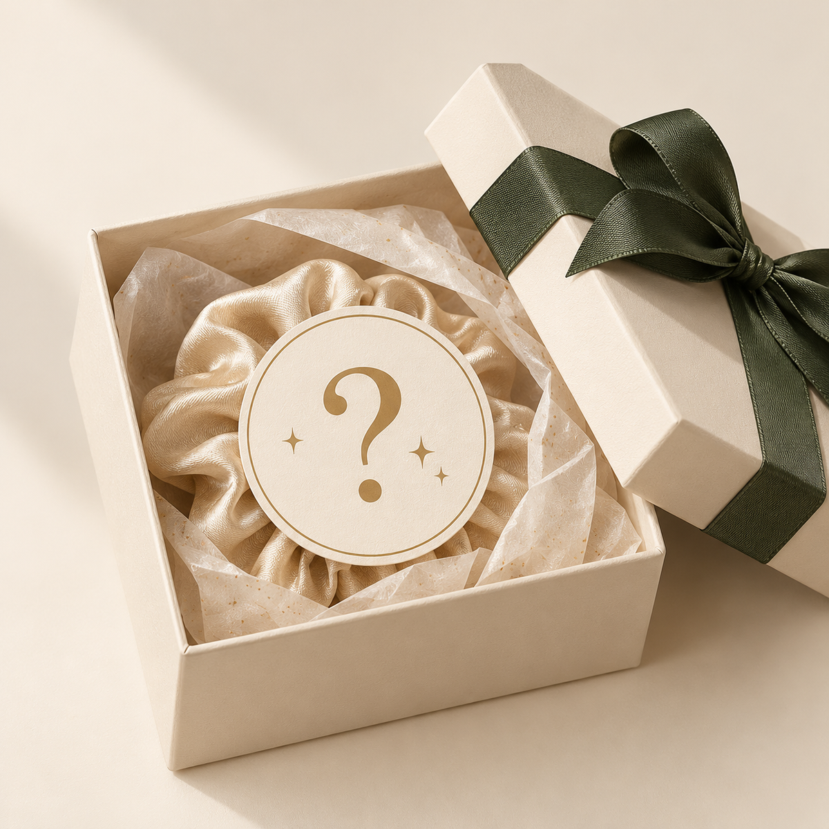 Mystery Diwali hair accessory gift in an ivory box with an olive ribbon
